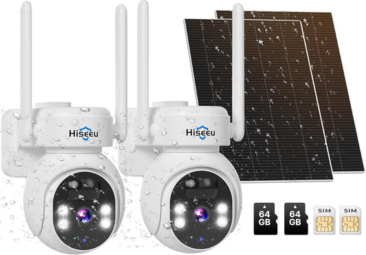 Hiseeu No WiFi Security Camera, 2 Pack 4G Cellular Security Cameras Wireless Outdoor, Solar Cameras Without WiFi Needed, 2K Color Night Vision, 2-Way Talk, PIR Motion, 64G SD & SIM Card Included