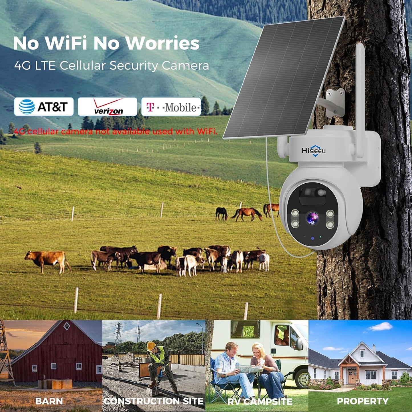 Hiseeu No WiFi Security Camera, 2 Pack 4G Cellular Security Cameras Wireless Outdoor, Solar Cameras Without WiFi Needed, 2K Color Night Vision, 2-Way Talk, PIR Motion, 64G SD & SIM Card Included