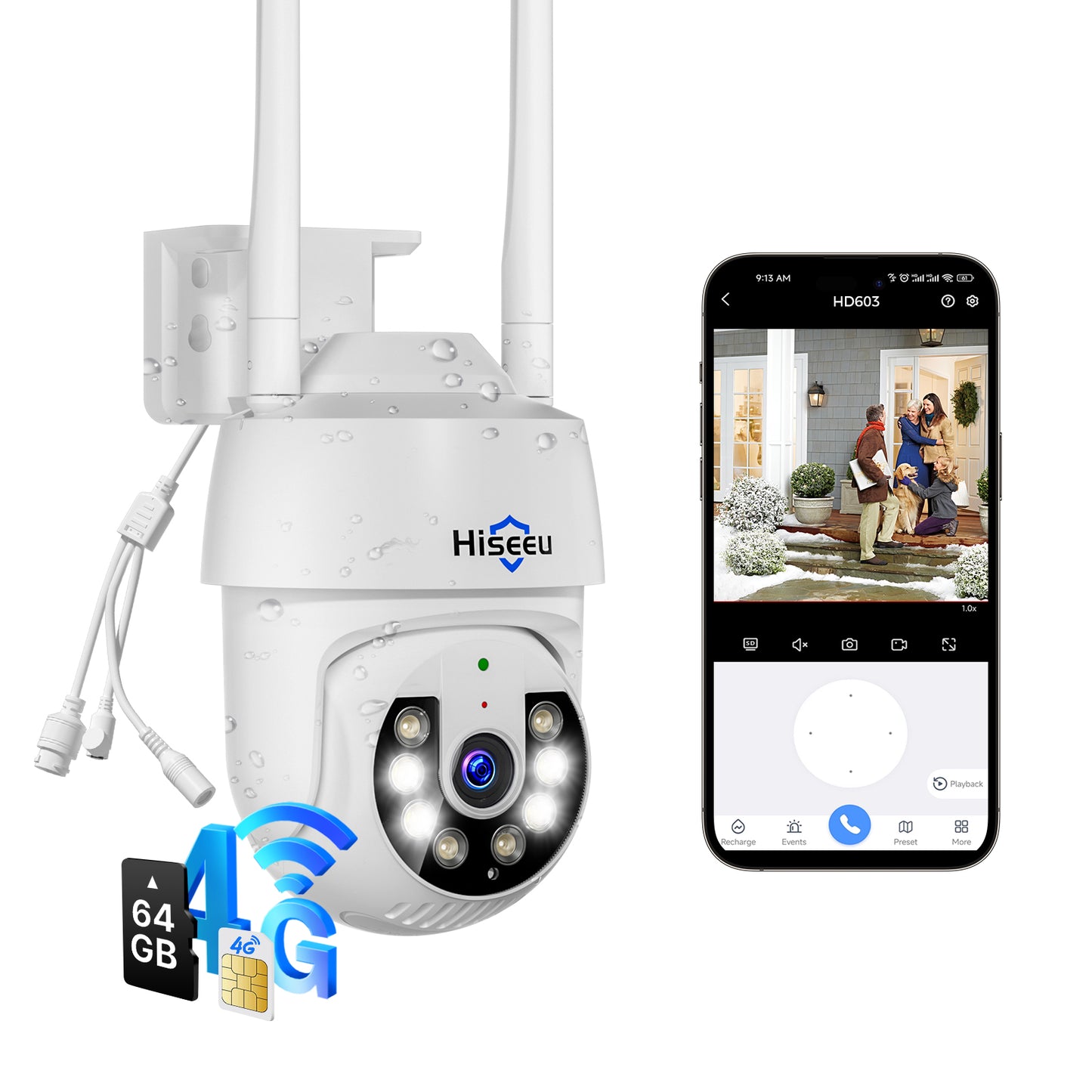 Hiseeu No WiFi Security Camera Wired, 4G Cellular Security Cameras Work Without WiFi, 2K Color Night Vision, 2-Way Talk, 64G SD Card & 300MB Trial Data SIM Card Included