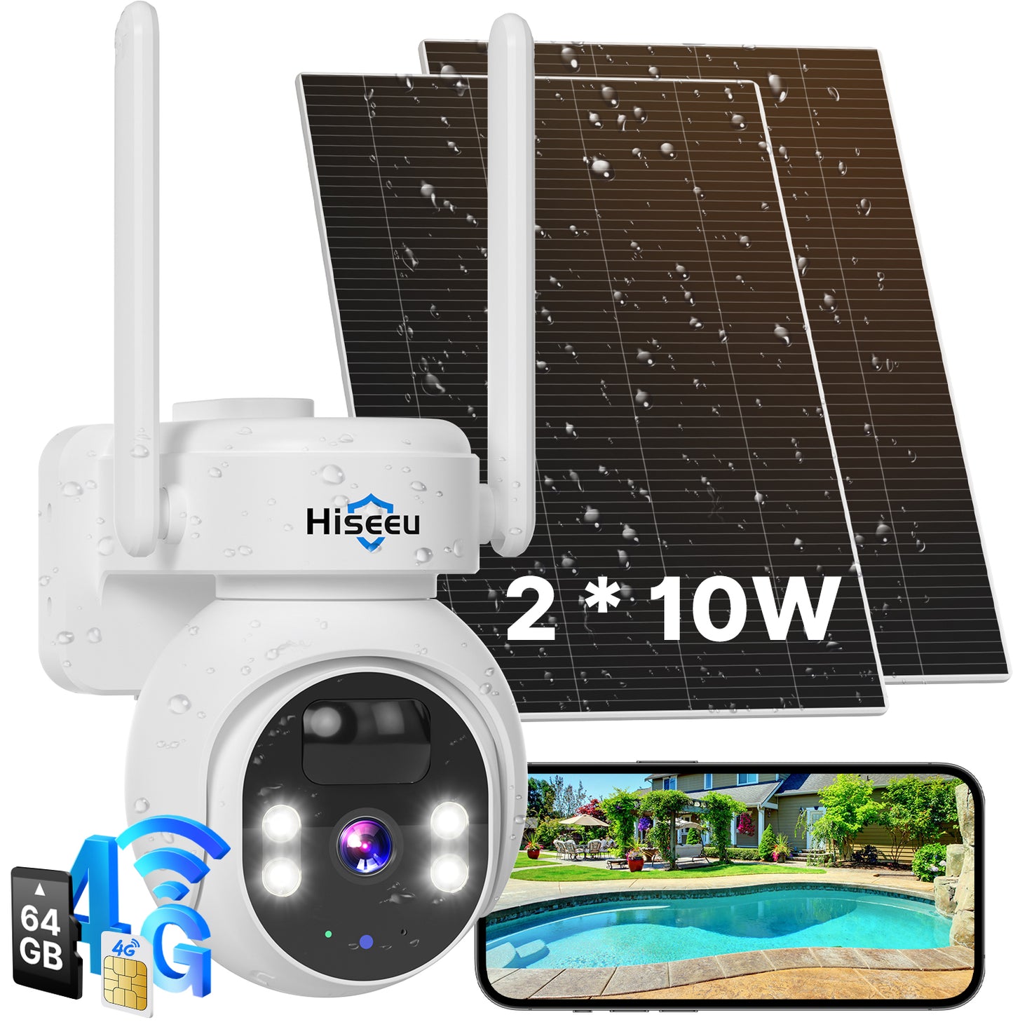 Hiseeu No WiFi Security Camera, [24/7 Recording] 4G Cellular Security Cameras Wireless Outdoor, 20W Solar Cameras 360°PTZ, 2K Night Vision, 2-Way Talk, 20000mAh Battery, 64G SD & SIM Card