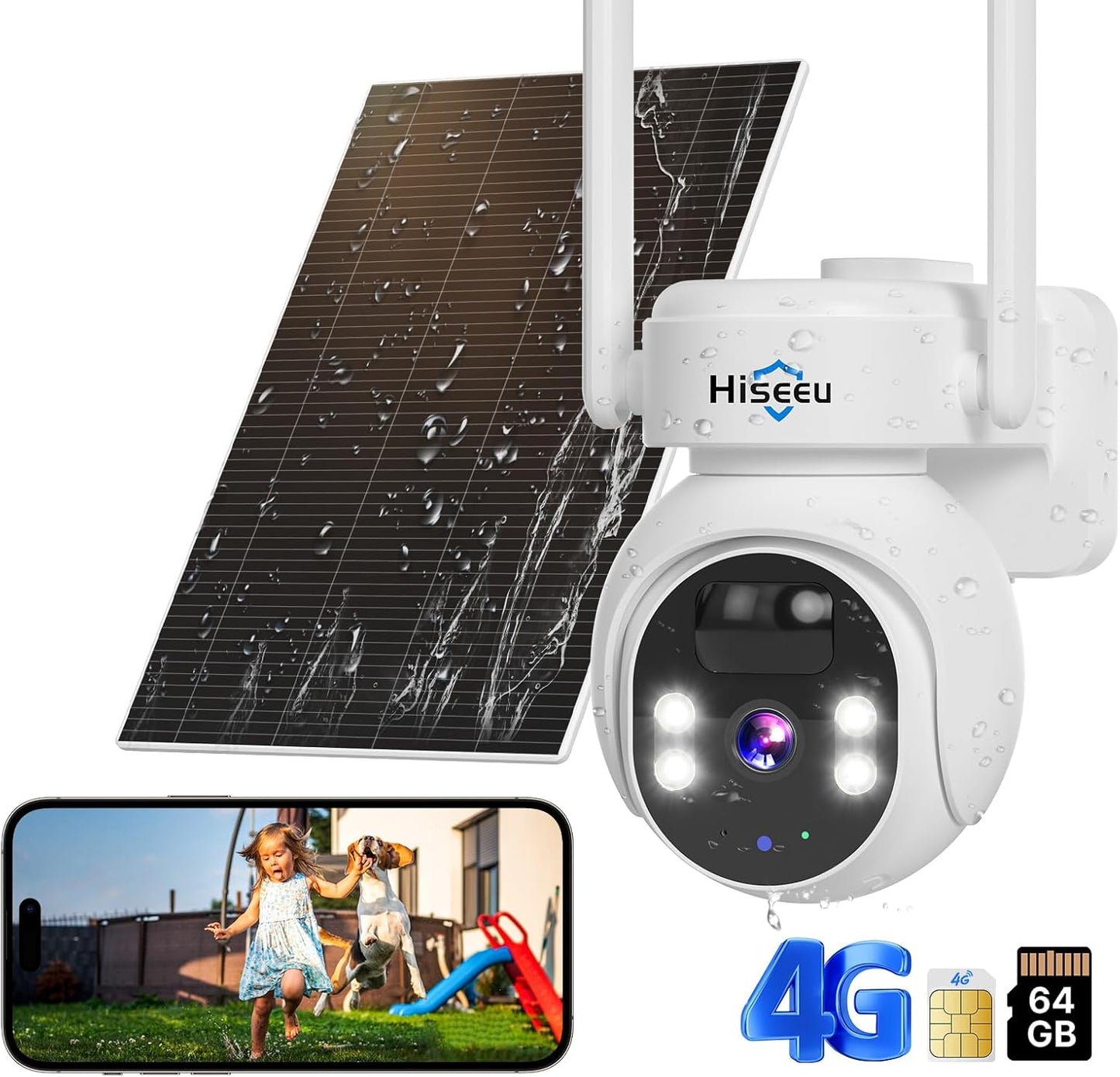 Hiseeu 4G Cellular Security Cameras Wireless Outdoor, No WiFi Security Camera, Solar Powered Cameras 360° PTZ, 2K Color Night Vision, 2-Way Talk, PIR Motion, 64G SD & SIM Card Included