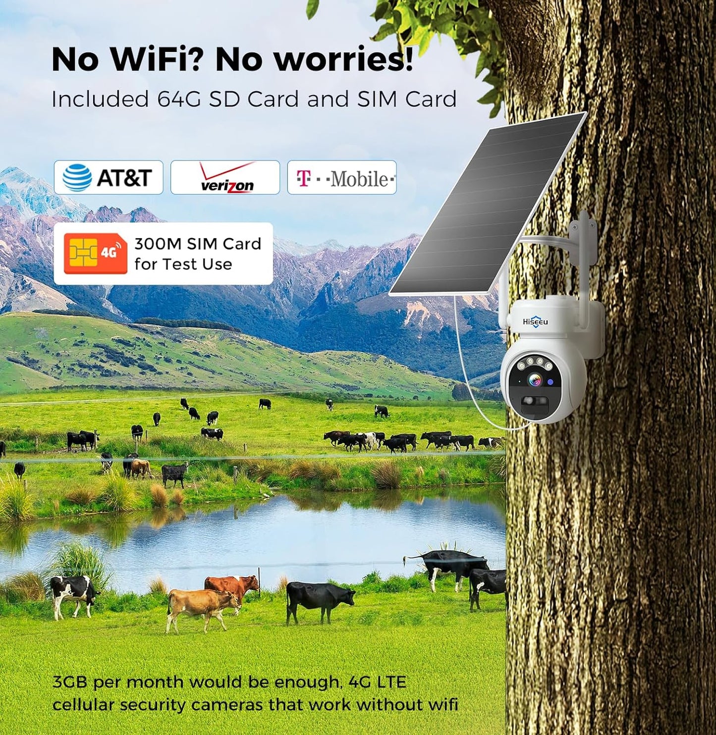 Hiseeu No WiFi Security Camera, [24/7 Recording] 4G Cellular Security Cameras Wireless Outdoor, 20W Solar Cameras 360°PTZ, 2K Night Vision, 2-Way Talk, 20000mAh Battery, 64G SD & SIM Card