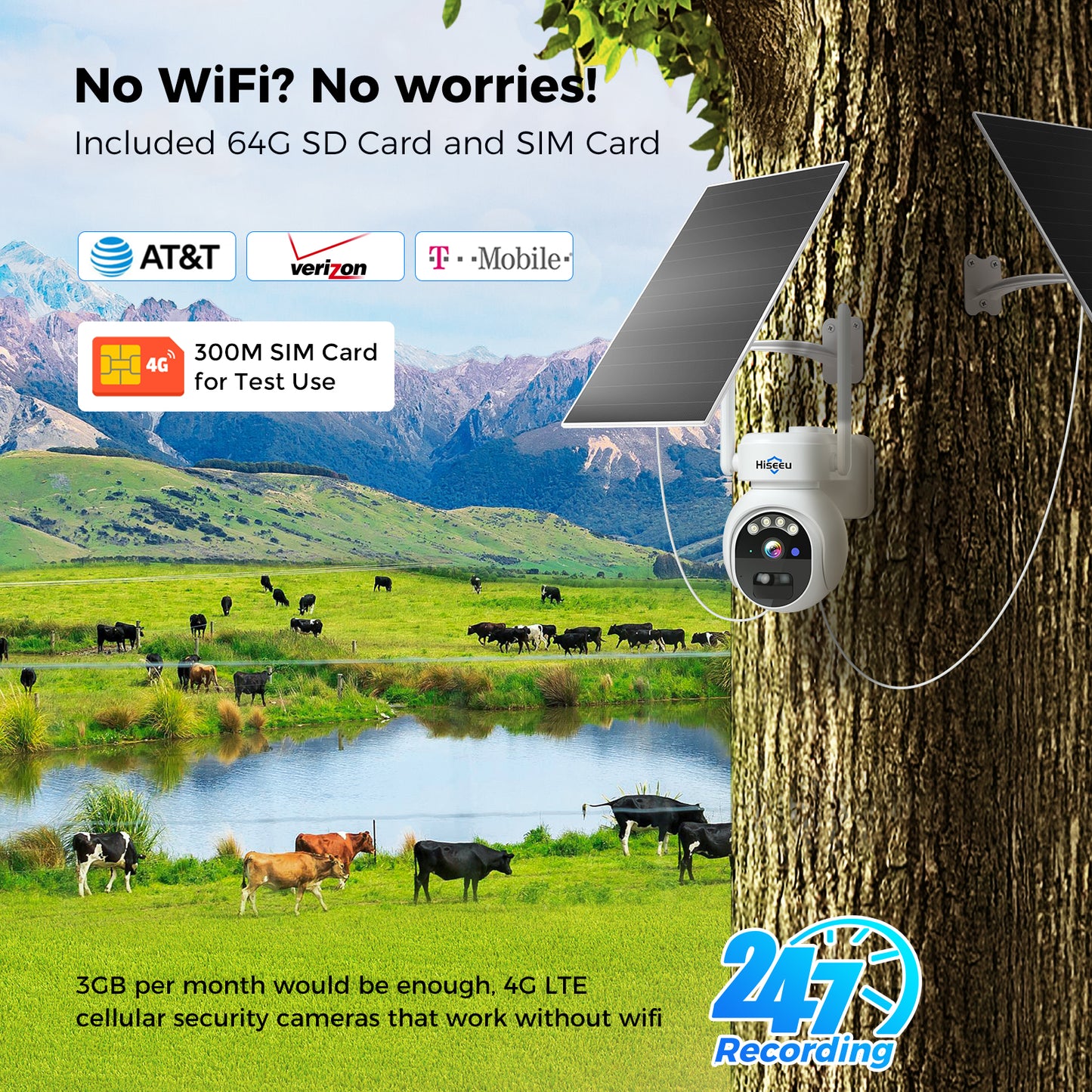 Hiseeu 24/7 Recording 4G Cellular Security Cameras Wireless Outdoor, No WiFi Need, 20W Solar Powered, 360°PTZ, 2K Night Vision, 2-Way Talk, 20000mAh Battery, Include 64G SD, Built-in 4G SIM Card