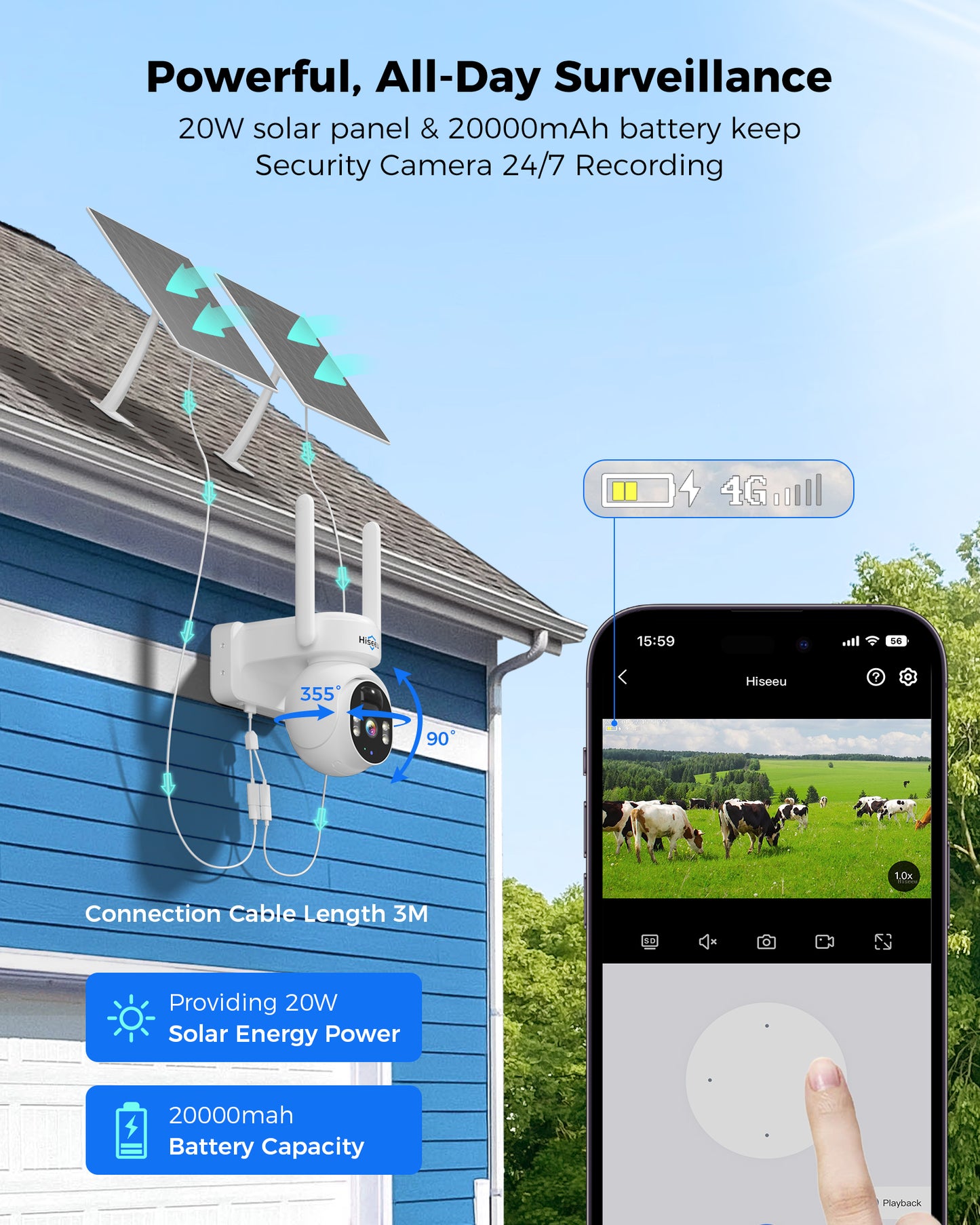 Hiseeu 24/7 Recording 4G Cellular Security Cameras Wireless Outdoor, No WiFi Need, 20W Solar Powered, 360°PTZ, 2K Night Vision, 2-Way Talk, 20000mAh Battery, Include 64G SD, Built-in 4G SIM Card