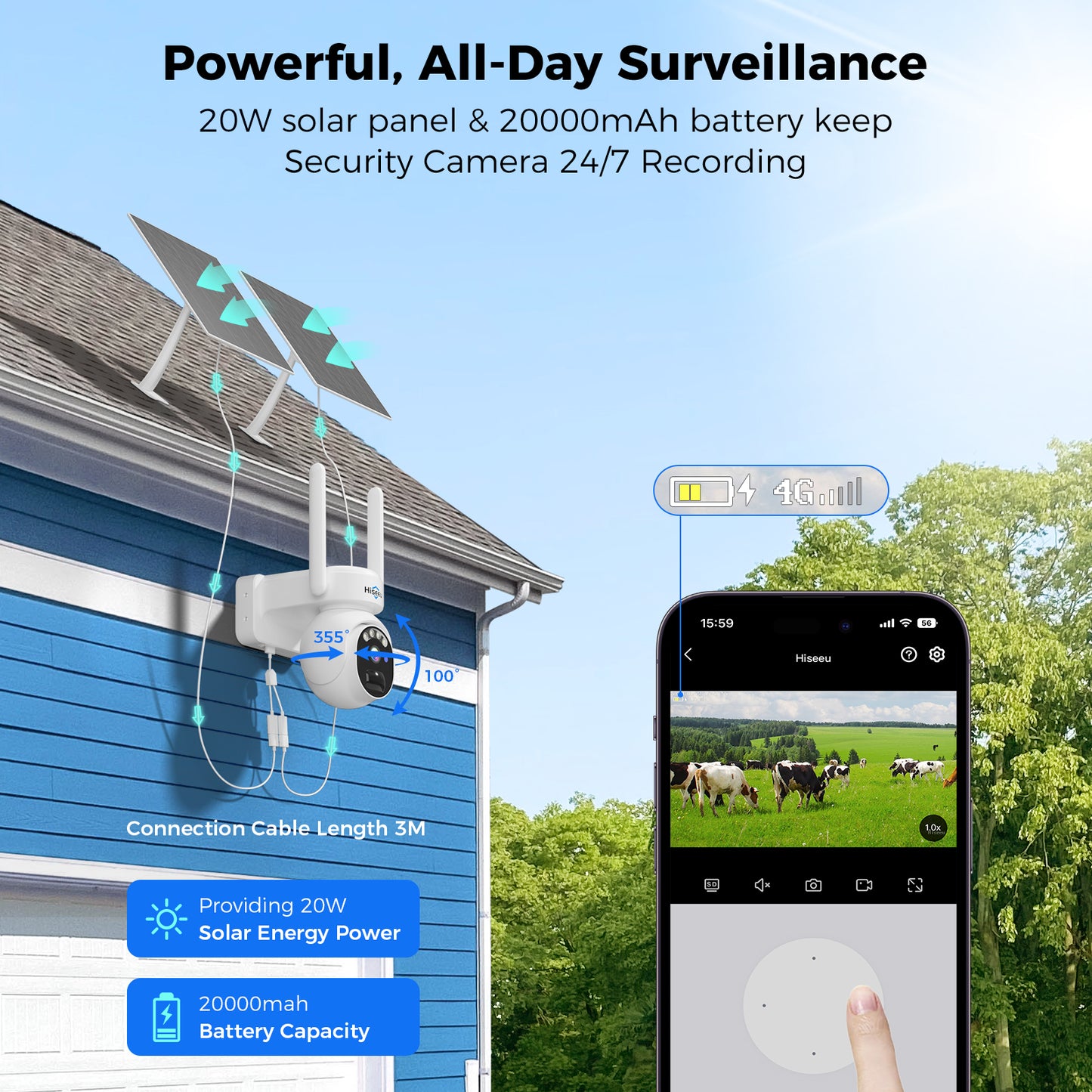 Hiseeu 24/7 Recording 4G Cellular Security Cameras Wireless Outdoor, No WiFi Need, 20W Solar Powered, 360°PTZ, 2K Night Vision, 2-Way Talk, 20000mAh Battery, Include 64G SD, Built-in 4G SIM Card