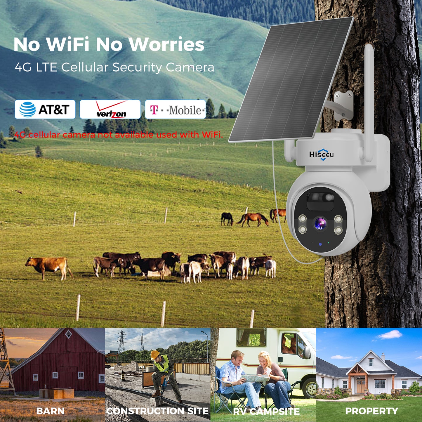 Hiseeu 24/7 Recording 4G Cellular Security Cameras Wireless Outdoor, No WiFi Need, 20W Solar Powered, 360°PTZ, 2K Night Vision, 2-Way Talk, 20000mAh Battery, Include 64G SD, Built-in 4G SIM Card