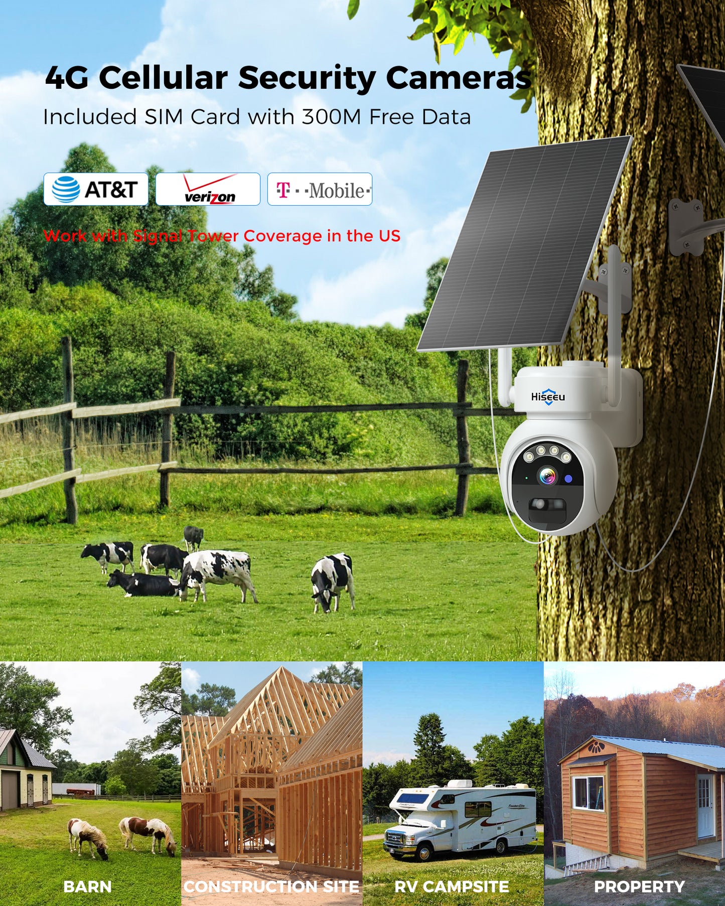 Hiseeu 24/7 Recording 4G Cellular Security Cameras Wireless Outdoor, No WiFi Need, 20W Solar Powered, 360°PTZ, 2K Night Vision, 2-Way Talk, 20000mAh Battery, Include 64G SD, Built-in 4G SIM Card