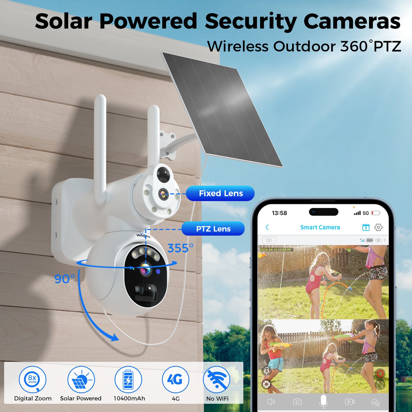 Hiseeu No WiFi Security Cameras Wireless Outdoor, Dual Lens 4G Cellular Security Camera Solar Powered Work Without WiFi, 360°PTZ, 2K Color Night Vision, PIR Motion, Two-Way Talk, 300MB SIM Card