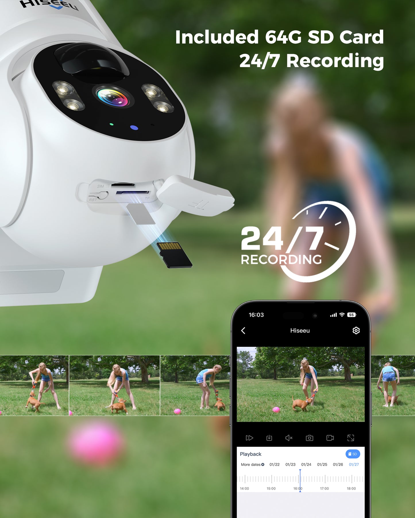 Hiseeu 24/7 Recording 4G Cellular Security Cameras Wireless Outdoor, No WiFi Need, 20W Solar Powered, 360°PTZ, 2K Night Vision, 2-Way Talk, 20000mAh Battery, Include 64G SD, Built-in 4G SIM Card